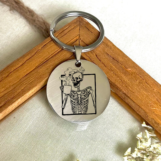 Custom Coffee Drinking Skeleton Stainless Steel Keychain - Personalized Halloween Keychain - Coffee Lover Keychain