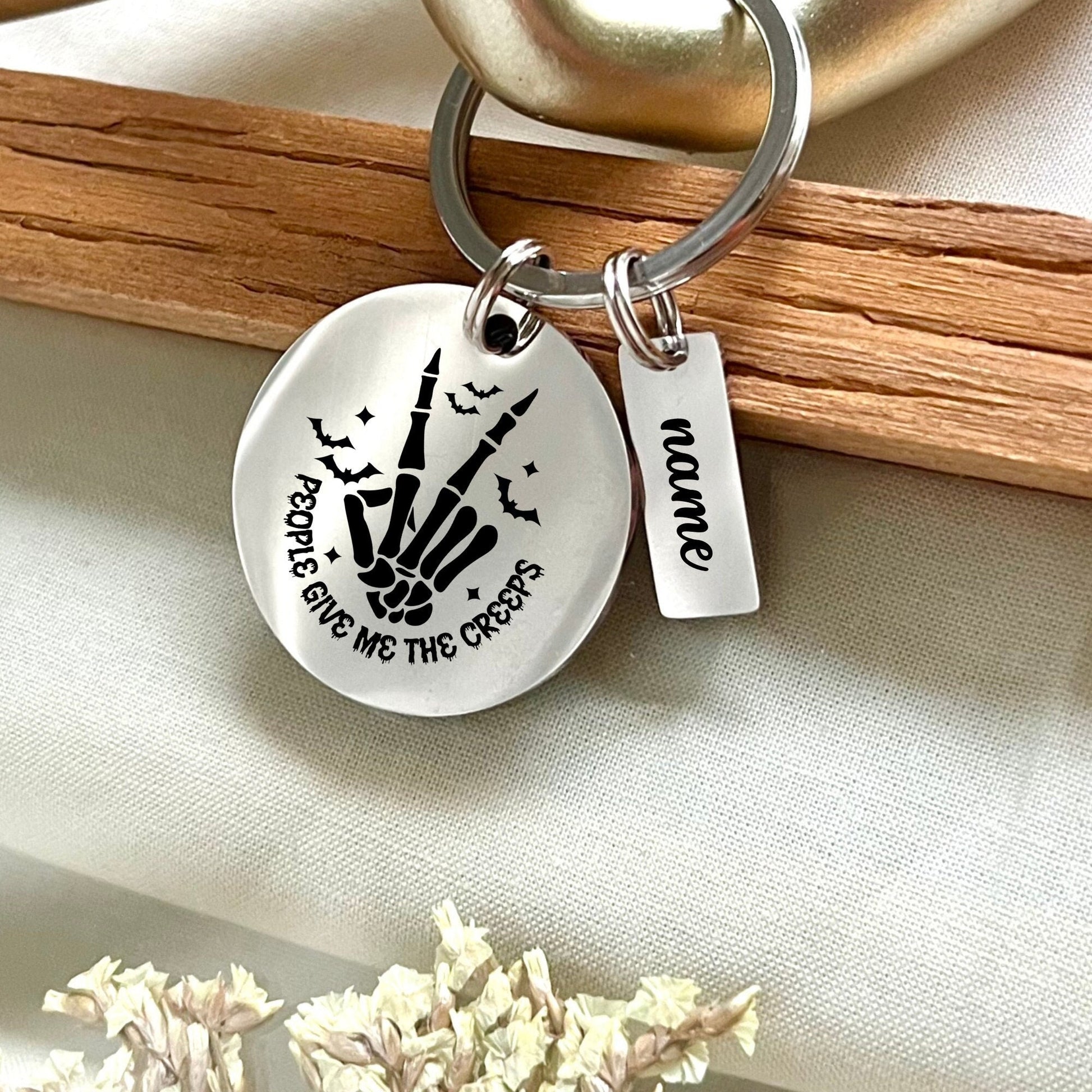 Personalized Skeleton Hand Keychain: Stainless Steel Halloween Accessory