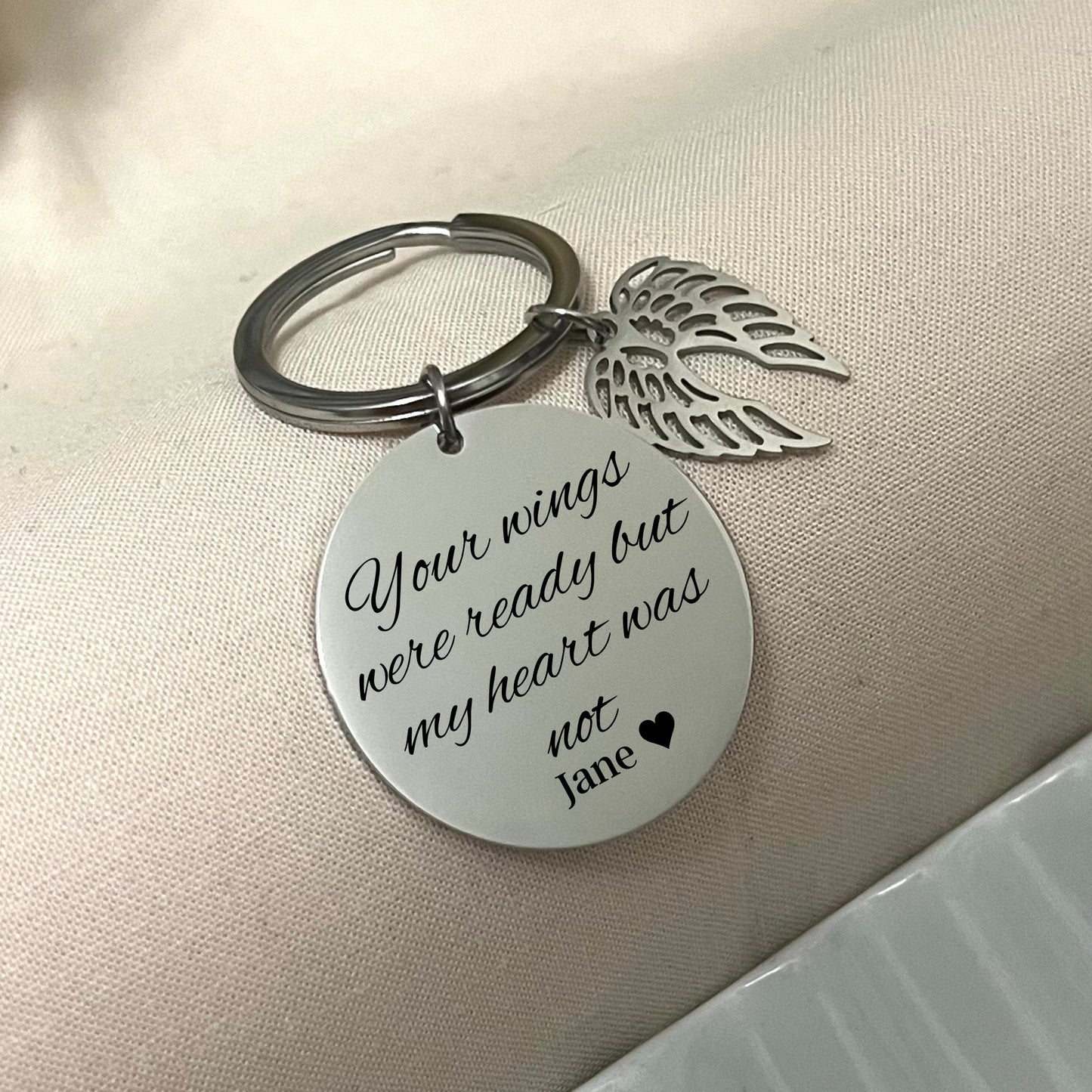 Personalized Memorial Keychain: Stainless Steel Angel Wings Charm