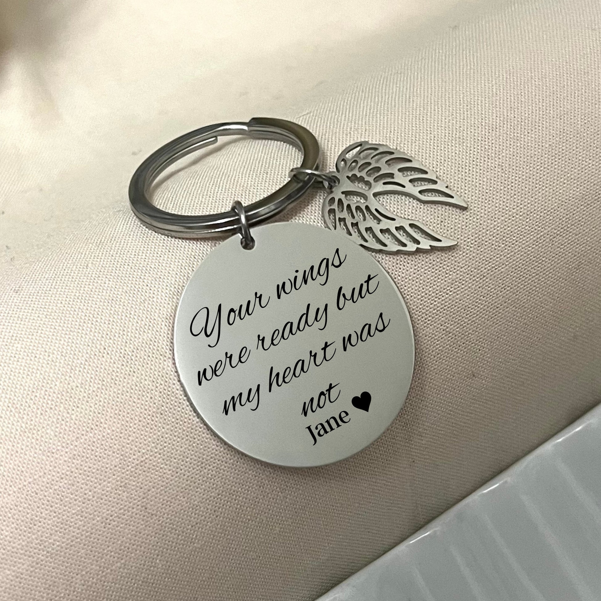 Personalized Memorial Keychain: Stainless Steel Angel Wings Charm