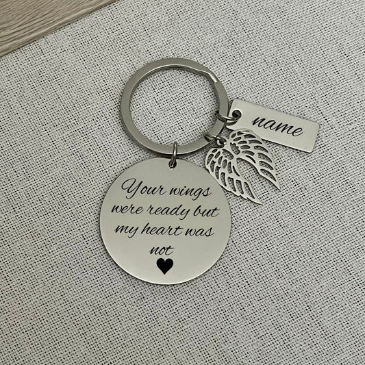 Personalized Memorial Keychain: Stainless Steel Angel Wings Charm