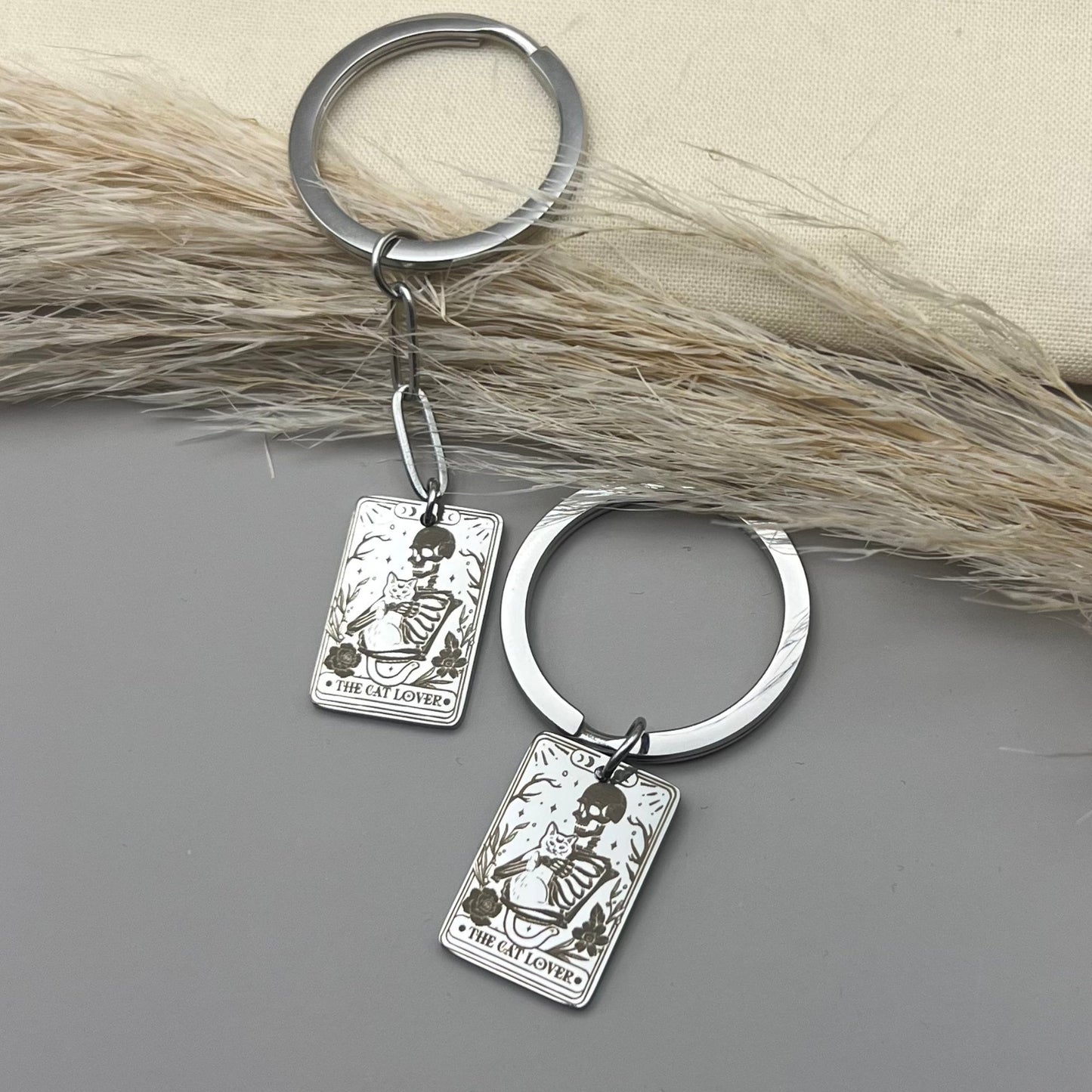 Custom The Cat Lover Tarot Card Stainless Steel Keyring - Personalized Cat Lover Skeleton Keyring - Personalized Gift for Cat Person