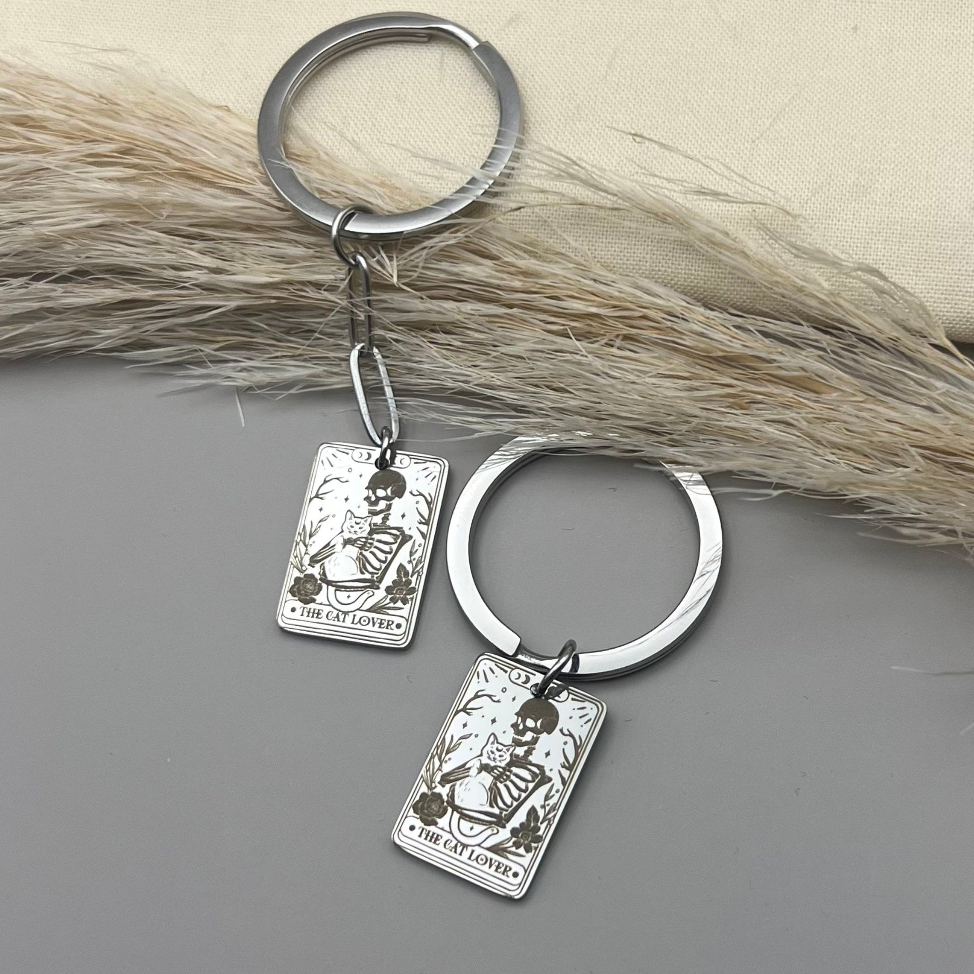 Custom The Cat Lover Tarot Card Stainless Steel Keyring - Personalized Cat Lover Skeleton Keyring - Personalized Gift for Cat Person