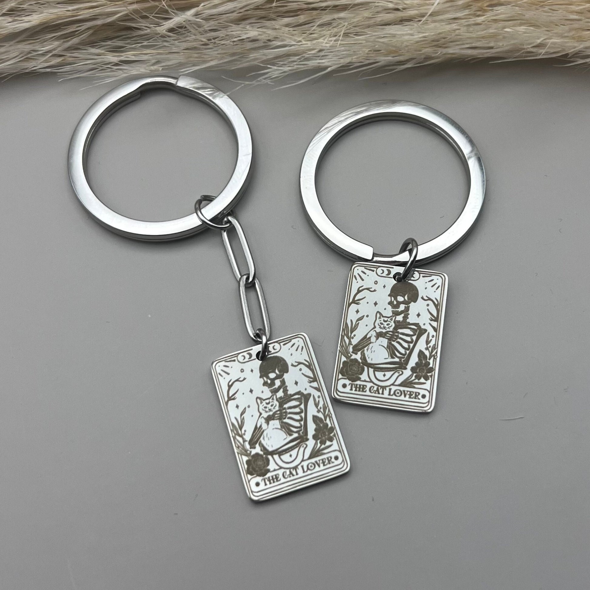 Custom The Cat Lover Tarot Card Stainless Steel Keyring - Personalized Cat Lover Skeleton Keyring - Personalized Gift for Cat Person