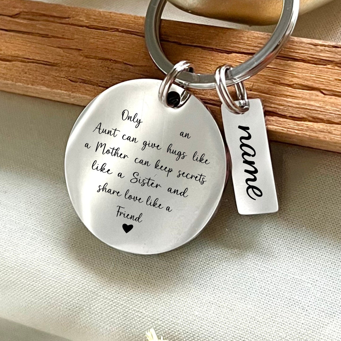 Personalized Aunt Keychain: Stainless Steel Heart, Custom Message