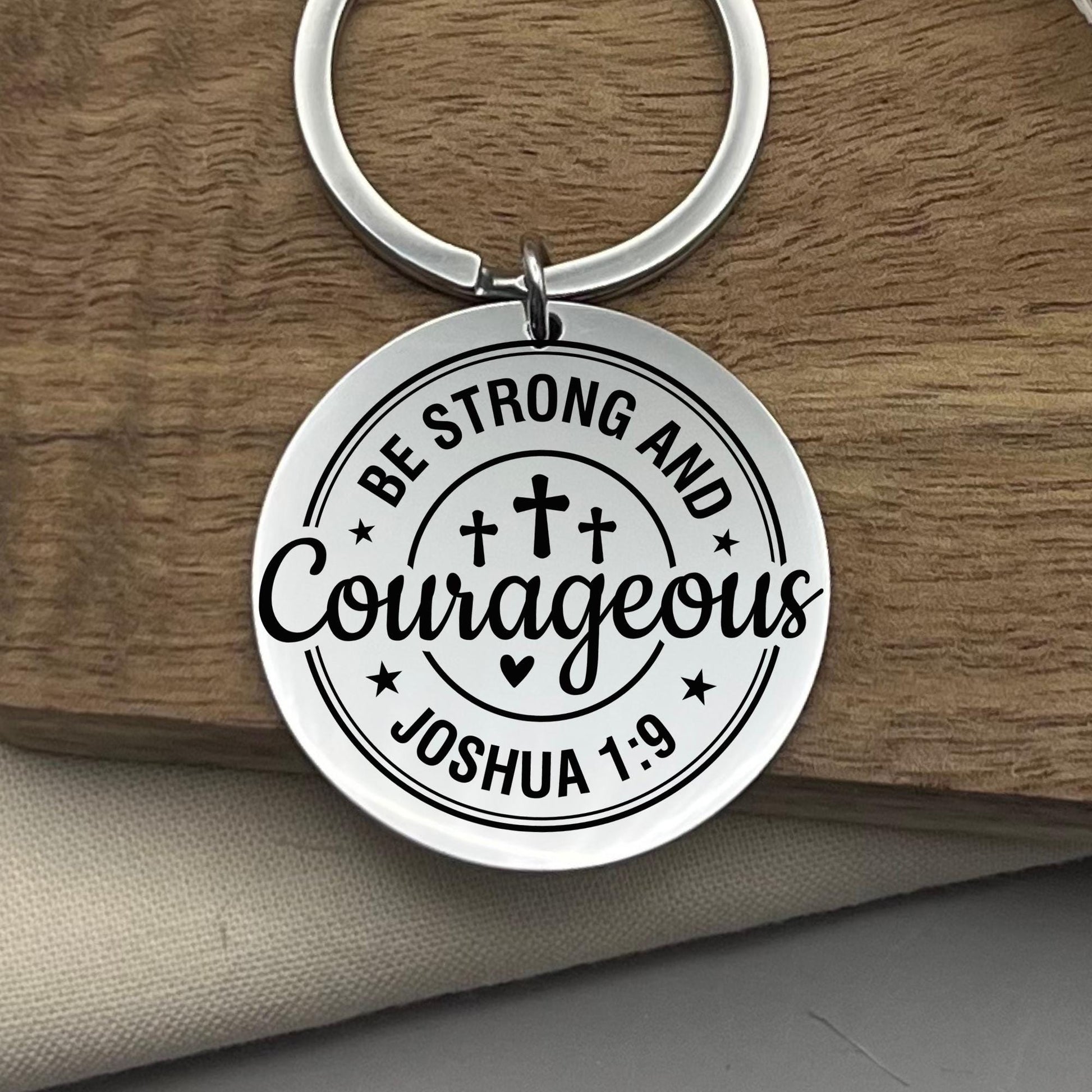 Personalized Be Strong And Courageous Stainless Steel Keychain - Custom Faith Keyring - Inspirational Christian Gift